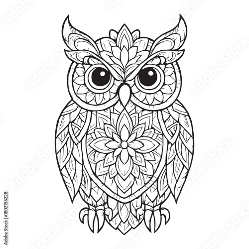 Stylized owl illustration featuring intricate mandala patterns and zentangle designs, perfect for adult coloring books or decorative graphic art projects, showcasing detailed feathered motifs