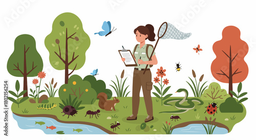 Female biologist explores diverse ecosystem, observing insects, animals, and plants, documenting nature's vibrant biodiversity with a net and clipboard.