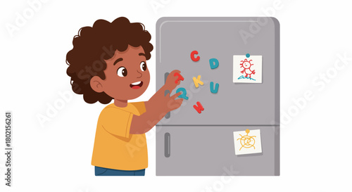 Joyful young boy playing with colorful magnetic alphabet letters on a refrigerator, engaging in early learning and creative fun at home.