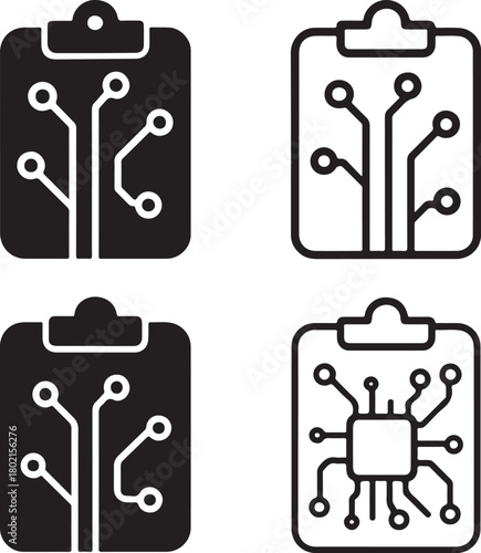 Isolated Clipboard Circuit Icons black vector set, clipboard office icons, task list tech symbols, minimal outline filled thin stroke, digital circuit connections, smart chip design vector