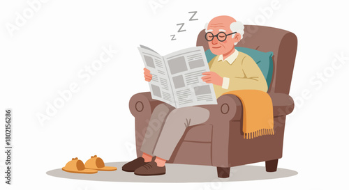 An elderly man peacefully dozing off in a comfy armchair while reading a newspaper, portraying quiet retirement and a moment of relaxed leisure at home.