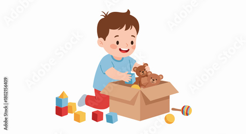 Cute cartoon boy playing with toys, including teddy bears, building blocks, and a ball, on a white background, symbolizing childhood fun and development.