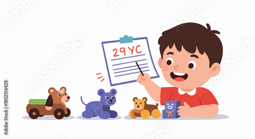 Happy boy learning or playing with animal toys, pointing to a clipboard with numbers in a colorful flat cartoon illustration on white.
