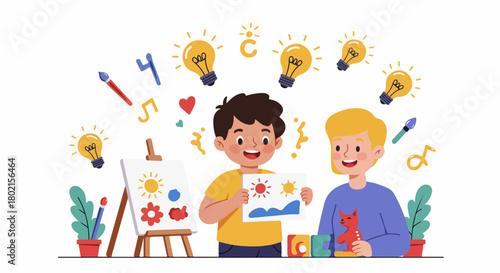Children enjoying creative art activities with light bulbs representing new ideas, learning, and artistic expression in a cheerful illustration.