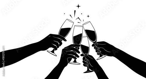 Silhouettes of four hands toasting with champagne flutes, celebrating an event with sparkling drinks.