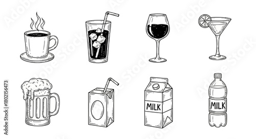 Hand drawn beverage collection: coffee, soda, wine, cocktails, beer, and milk