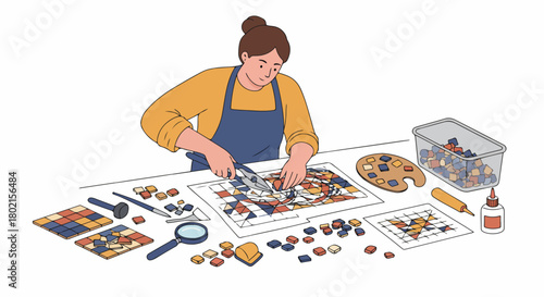 Woman crafting colorful mosaic art, carefully cutting and arranging small ceramic tiles for a creative hobby project.