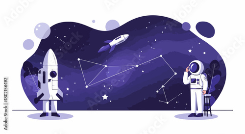 Astronaut gazing at starry night sky with rockets and constellations, symbolizing space exploration, future, and scientific discovery.