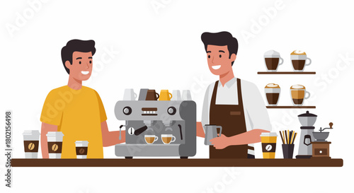 Happy customer interacting with a barista at a modern coffee shop, enjoying the process of preparing delicious coffee and espresso beverages in a vibrant, friendly cafe environment.