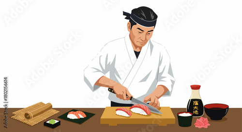 Japanese sushi chef expertly preparing fresh nigiri sushi with traditional ingredients like wasabi, soy sauce, and pickled ginger on a white background. Authentic Asian cuisine concept.