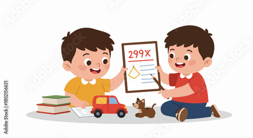 Two happy boys engaged in learning, studying geometry and numbers together, surrounded by books and toys, fostering collaborative education and problem-solving skills.