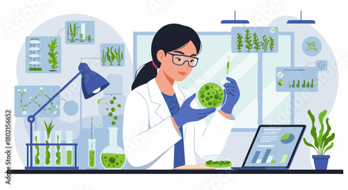 Female scientist conducts biotechnology research, examining green cultures and plant growth for sustainable innovation, surrounded by lab equipment, data screens, and test tubes.