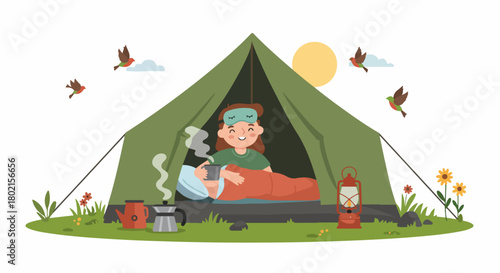 Happy camper enjoys a warm morning drink inside a cozy tent, surrounded by nature with flying birds and blooming flowers, symbolizing relaxation and outdoor adventure.
