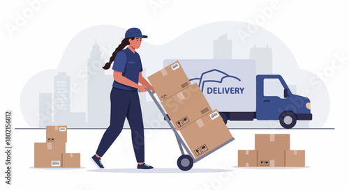 Female delivery worker transports packages on a hand truck next to a delivery van in a modern cityscape, representing efficient logistics and courier service.