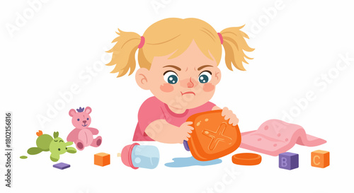 Upset blonde toddler spills her drink, showing frustration while surrounded by scattered toys and alphabet blocks, depicting a typical childhood messy moment.