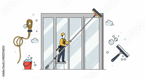 Professional window cleaner performing commercial glass cleaning with long squeegee, essential equipment like hose and bucket, showcasing expert service for sparkling results.