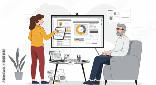 Business professionals collaborating on data analysis and digital design with interactive screens and multiple devices in a modern office.