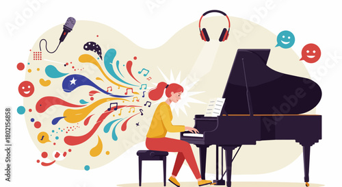 Woman playing a grand piano, surrounded by vibrant musical notes, expressing creativity and joy through sound with recording elements.