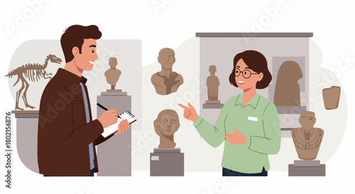 Museum Tour with Guide: Man Learning and Taking Notes Amidst Historical Artifacts and Dinosaur Skeleton