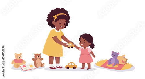 Adorable African American sisters or friends sharing a toy car during playtime, surrounded by other toys like teddy bears and a book, showcasing childhood joy and friendly interaction.