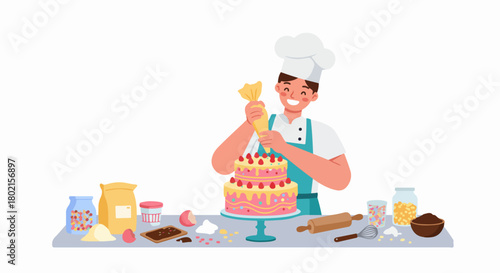 Smiling Cartoon Chef Decorating a Delicious Two-Tier Cake with Strawberries and Sprinkles, Surrounded by Baking Ingredients and Tools.