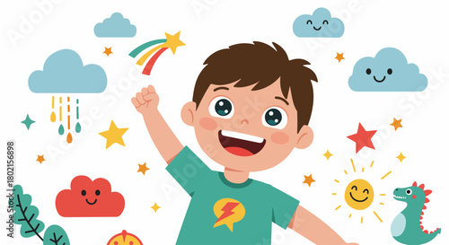 Happy cartoon boy smiling amidst whimsical clouds, stars, sun, dinosaur, and nature elements, celebrating imagination and childhood joy in a vibrant, playful illustration.