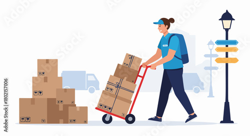 Happy Delivery Worker Pushing Boxes on a Hand Truck, Representing Efficient Logistics and Shipping Services