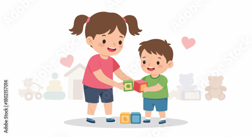 Cute cartoon children playing with colorful building blocks, fostering shared joy and early childhood development in a playful and educational setting.