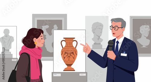 A museum tour guide explains an ancient Greek vase to a female visitor, highlighting cultural education and historical discovery in an art exhibition setting.