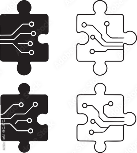 Isolated Puzzle Piece Circuit Icon Set, solid black puzzle icon, tech solution fit symbol, clean circuit lines, minimal outline filled thin stroke vector design, smart match icon buyers