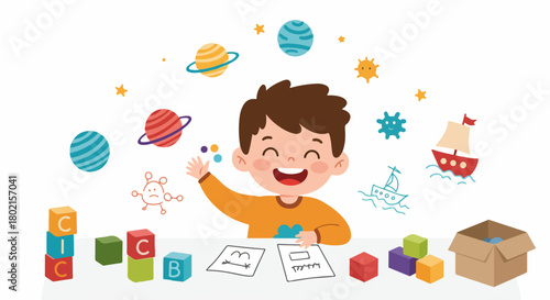 Happy child playing and learning with educational toys, surrounded by planets, stars, and playful elements, symbolizing imagination and discovery.