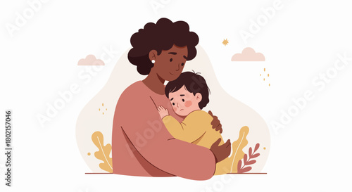 A loving mother comforts her sad child with a warm embrace, illustrating strong emotional support and family connection.