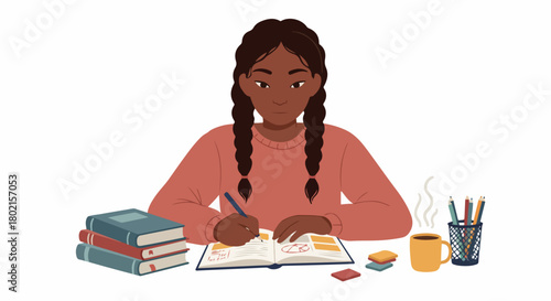 Focused Young Black Woman Studying at Desk, Writing in Notebook with Books, Coffee, and Pencils. Education, Remote Work, and Productivity Concept.