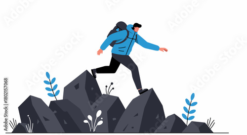 Man with backpack hiking over rocks, illustrating outdoor adventure, challenge, and exploration in a minimalist vector style.