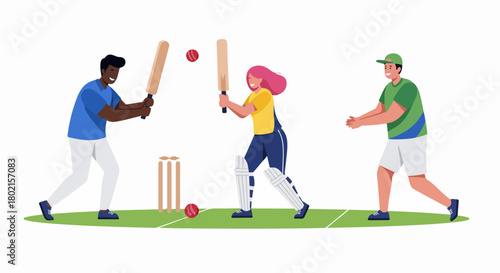 Diverse group of people enjoying a friendly game of cricket, with players batting and fielding on a green pitch. Flat vector illustration.