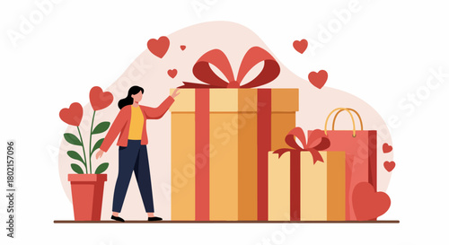 Woman surrounded by festive gift boxes and floating hearts, symbolizing love, celebration, and thoughtful giving for special occasions like Valentine's Day.