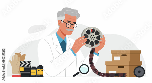 Dedicated film archivist meticulously examining a vintage movie reel, surrounded by film canisters, a clapperboard, and archival boxes, representing historical preservation and cinematic research.