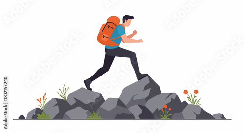 Young man with backpack hiking over rocky terrain. Flat vector illustration of an outdoor adventurer engaging in mountain trekking and nature exploration.