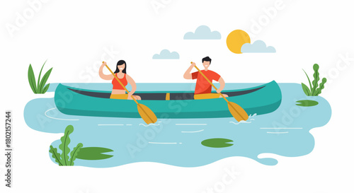 Happy couple canoeing on a serene lake under a sunny sky, enjoying summer outdoor recreation in flat design illustration.