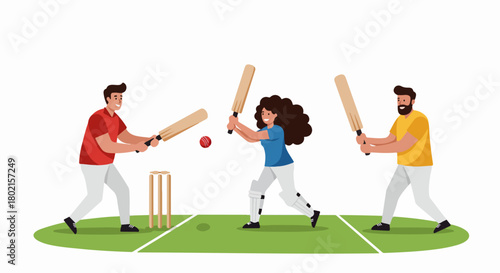 Diverse group of friends enthusiastically playing cricket together, showcasing teamwork and an active lifestyle on a vibrant green field.