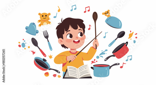 Happy child chef stirring ingredients with a spoon and stick, surrounded by kitchen utensils, food, and musical notes, exploring culinary imagination with a recipe book.