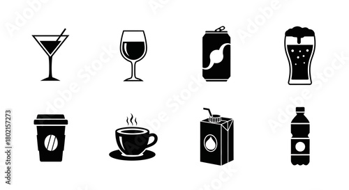 Stylish beverage icons set: drinks, coffee, cocktails, and more in bold black design