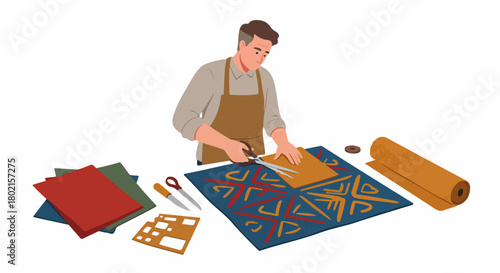 Craftsman in apron cutting material with scissors on a patterned mat, surrounded by tools and supplies for creative work, illustrating a handmade design process.
