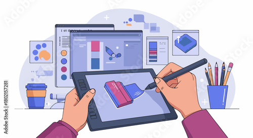 Digital artist hands drawing on a graphics tablet, surrounded by creative software interfaces and design tools, illustrating modern graphic design workflow and creativity.