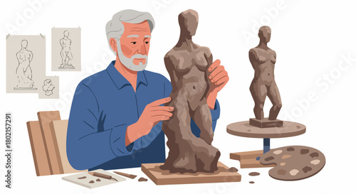 Elderly artist meticulously sculpts a clay figure, showcasing craftsmanship and artistic creation in his studio.