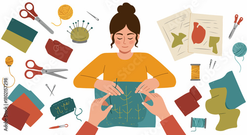 Woman hand-sewing or embroidering, surrounded by colorful fabric, thread, scissors, and tools, depicting a creative and mindful crafting hobby.