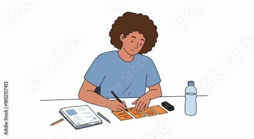 Focused person diligently writing on index cards at a desk, surrounded by study materials like a notebook, pen, and water bottle, for effective learning and organization.