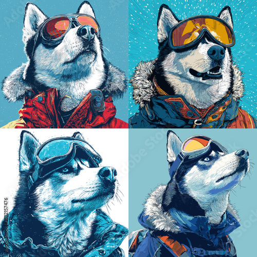 Energetic husky portraits wearing winter goggles and cold weather gear in bright snowy tones. A bold illustration set ideal for adventure themes, apparel, posters, and modern design projects.