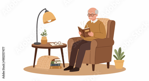 Happy elderly man enjoying a quiet evening at home, relaxing in an armchair while reading a book under the warm glow of a lamp.