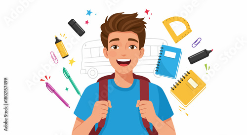 Happy cartoon boy with a backpack and school supplies floating around him, ready for a new school year, with a school bus outline in the background.